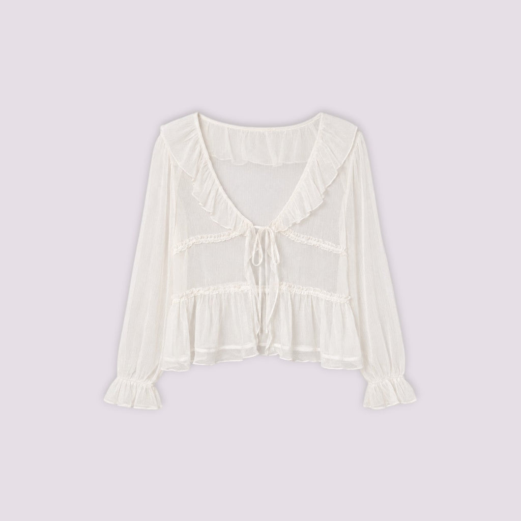 Blouse Sirlab écrue en voile léger avec volants, manches froncées et lien de serrage, style romantique et aérien
