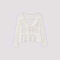 Blouse Sirlab écrue en voile léger avec volants, manches froncées et lien de serrage, style romantique et aérien