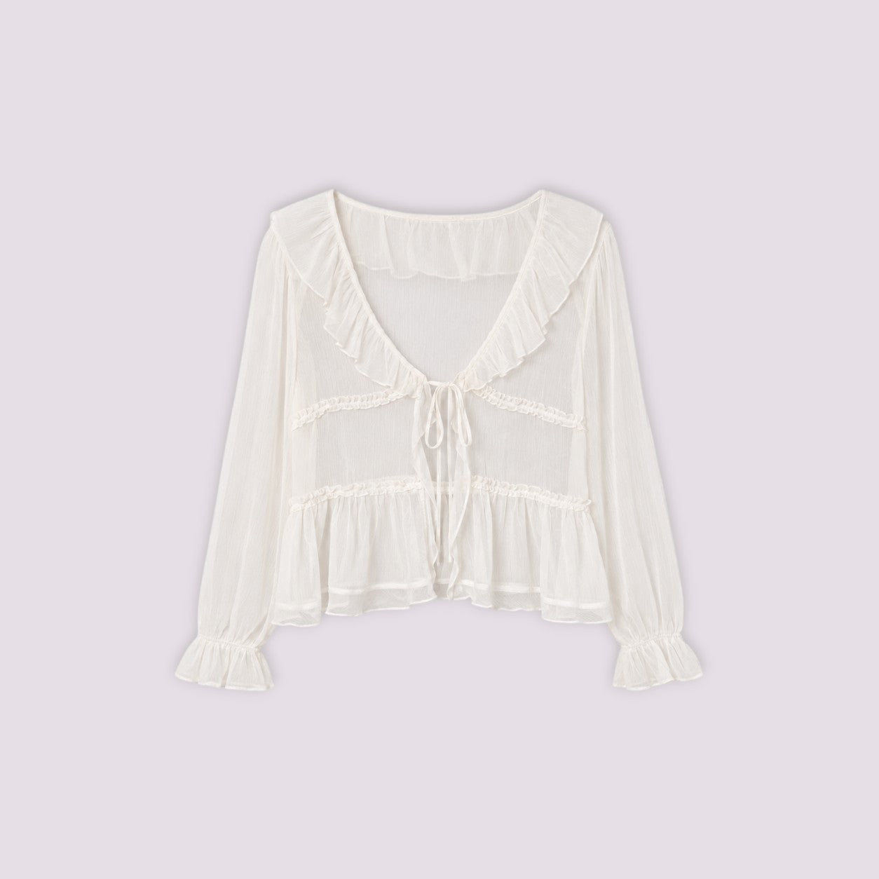 Blouse Sirlab écrue en voile léger avec volants, manches froncées et lien de serrage, style romantique et aérien