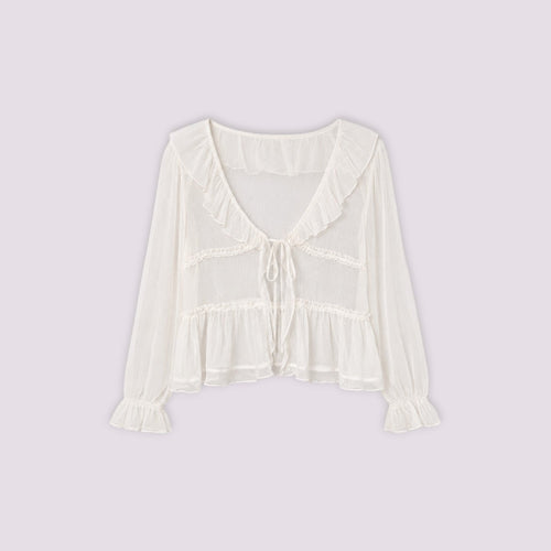 Blouse Sirlab écrue en voile léger avec volants, manches froncées et lien de serrage, style romantique et aérien