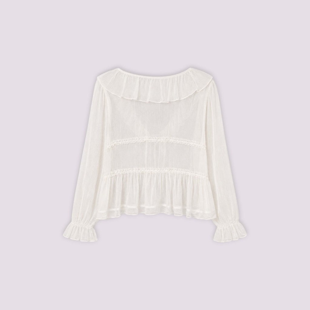 Blouse Sirlab écrue en voile léger avec volants, manches froncées et détails romantiques
