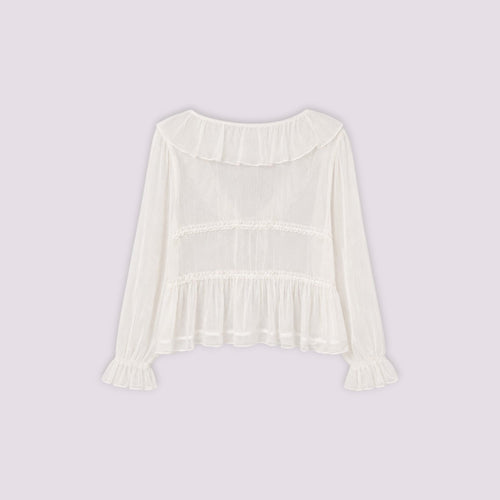 Blouse Sirlab écrue en voile léger avec volants, manches froncées et détails romantiques
