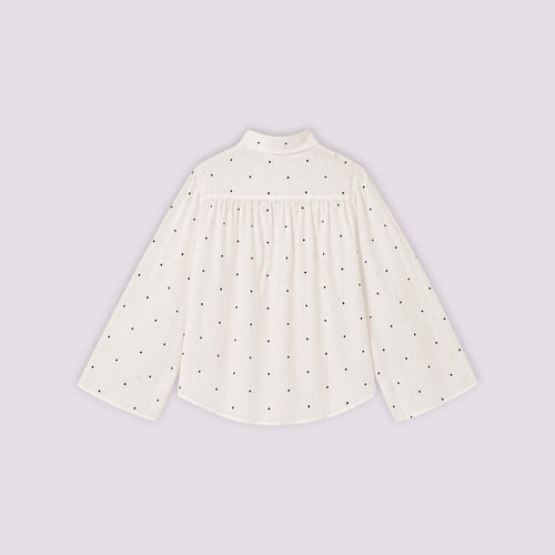Chemise Sirlab écrue à pois noirs, coupe ample avec manches larges et détails transparents, vue de dos.